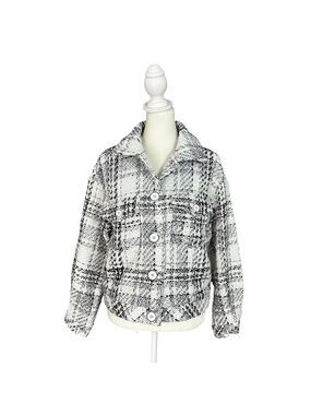 Cache Plaid Tweed Metallic Lined Button Up Jacket Black & White Size Medium